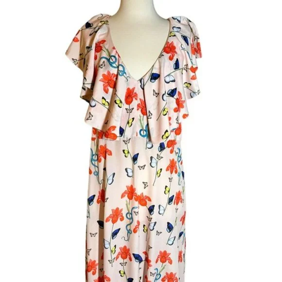 BORGO DE NOR Women's Pink Butterfly Print Ruffle Maxi Dress Size 12 - Picture 2 of 15
